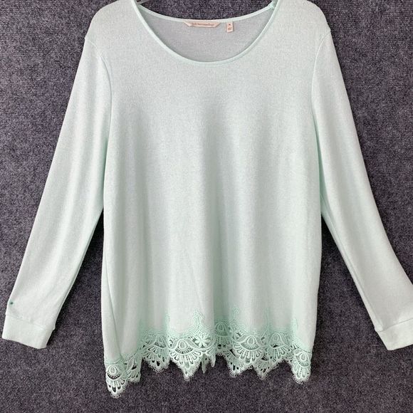 Soft Surroundings Tunic Top Sweater Women PL Crochet Hem Long Sleeve Mint Green - Picture 2 of 12